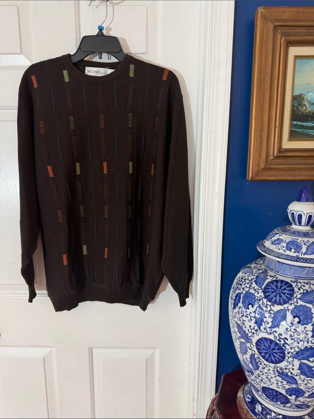 Vintage St. Croix Knits Men’s Wool Sweater Brown Geometric Made in USA Sz Large